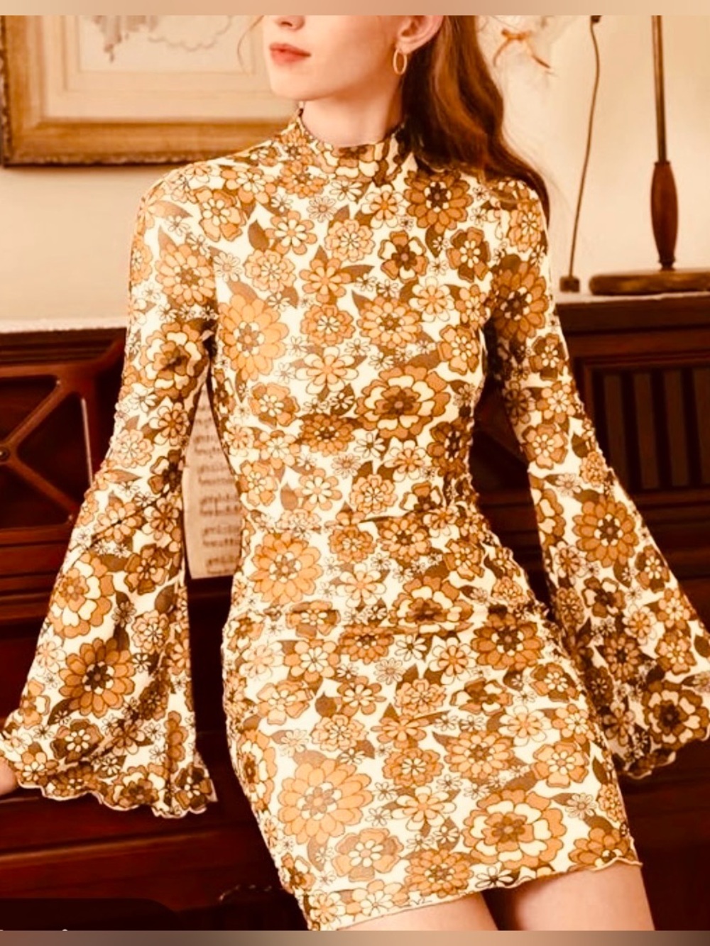 SHEIN Mod 70’s Floral Orange and Cream Mini Dress with Flair Sleeves, Size XS